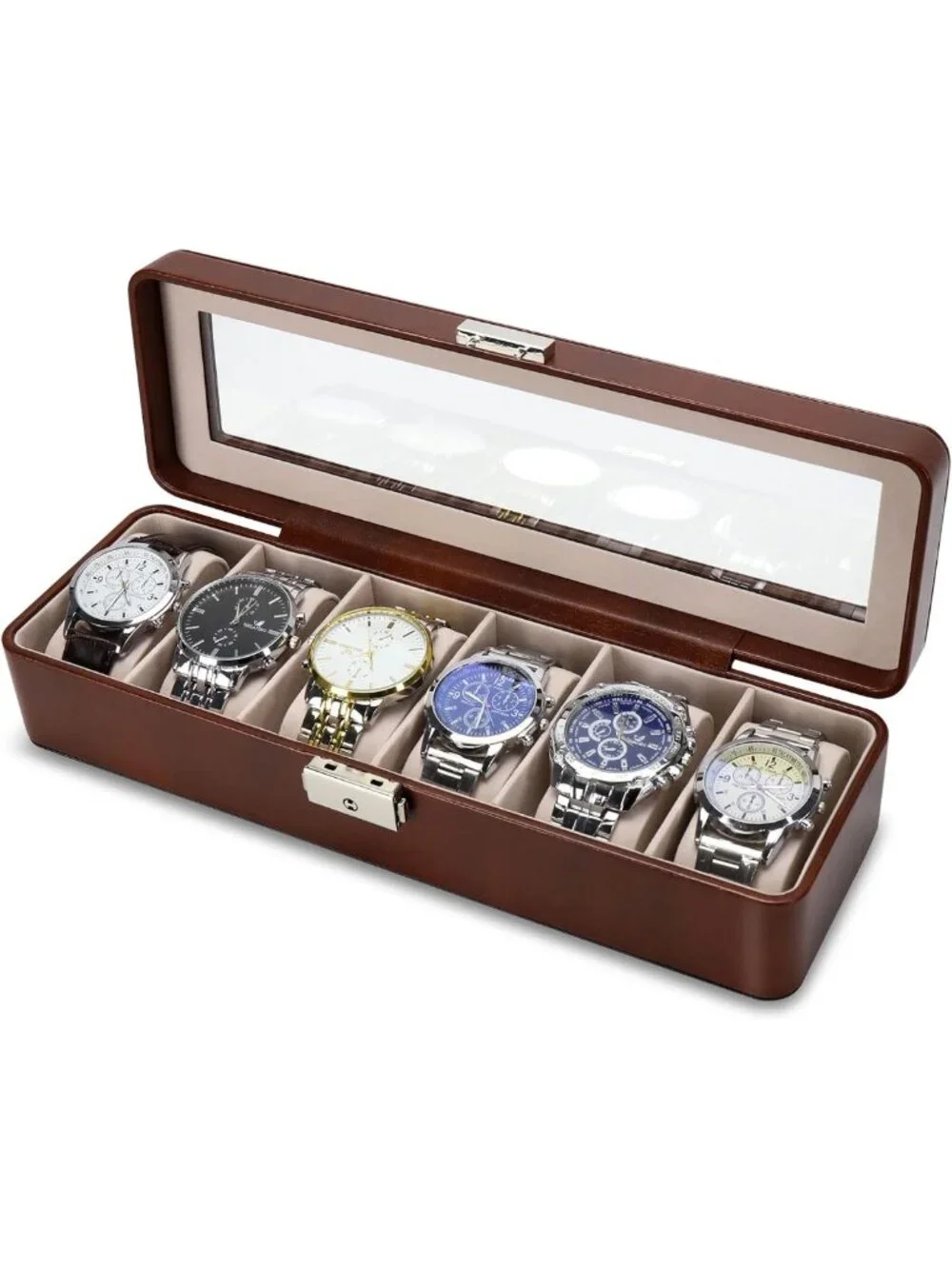 6-Slot PU Leather Watch Box Organizer with Glass Lid & Lock - Jewelry Display